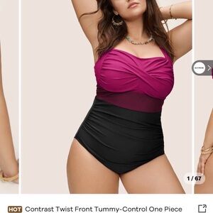 Magenta and Black Twist Front One Piece Swimsuit